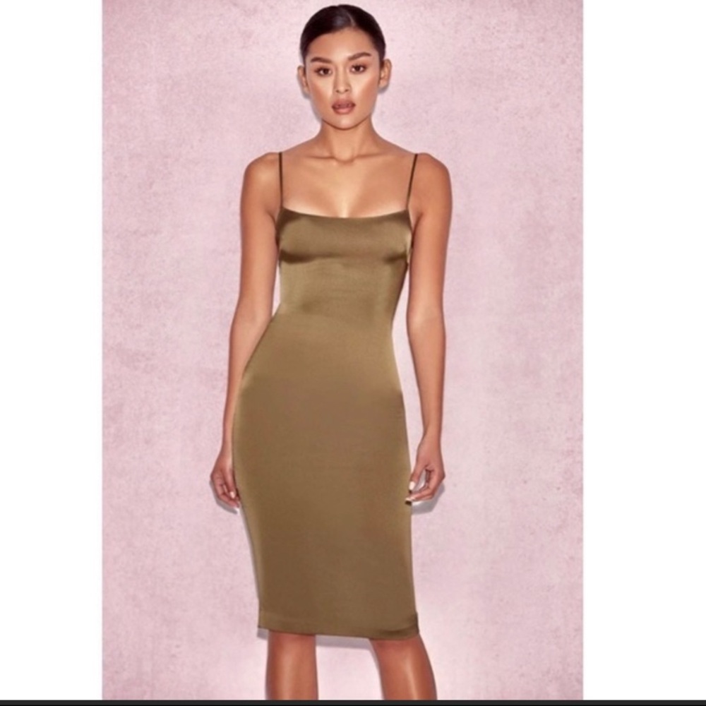 House of CB satin Mischa midi dress in Khaki size M